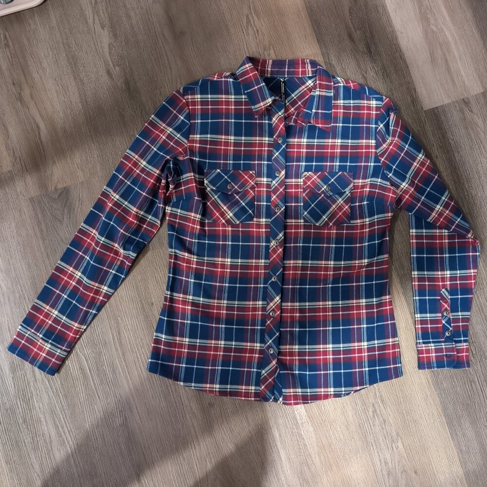 Exc. Kuhl Womens Alina Flannel Button Shirt Large Long Sleeve Plaid Blue Red